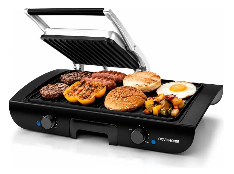 Grill con prensa y plancheta bifera — 1500W · plac